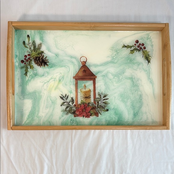 SERVING TRAY- with handles-  light wooden Festive Design - Picture 2 of 11